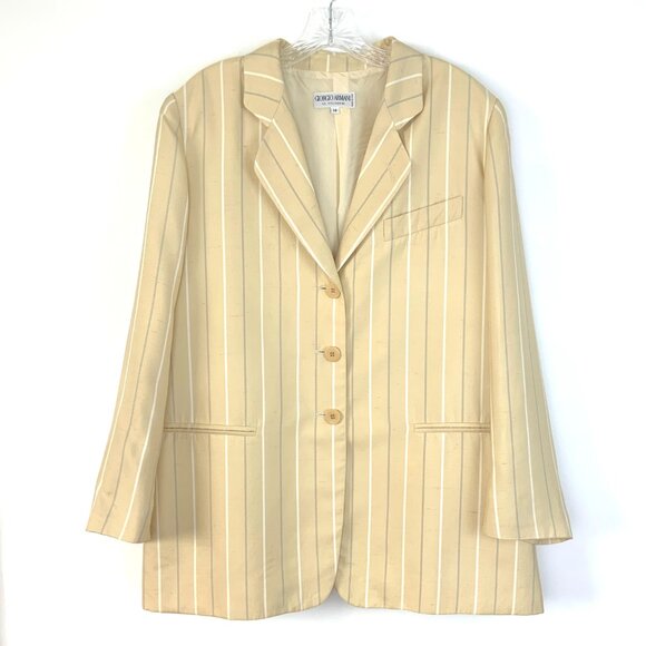 Vintage Giorgio Armani 100% Silk Stripe Blazer Jacket Buttery Yellow Sz 14 - Picture 2 of 16